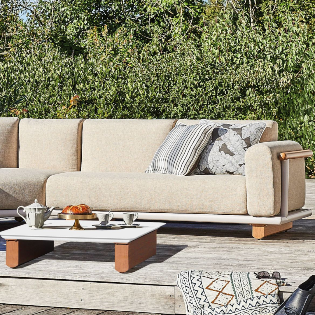 Salon de jardin Siroco | 2 méridiennes + 1 tablette d’angle + 1 table basse | Crème & Beige chiné
