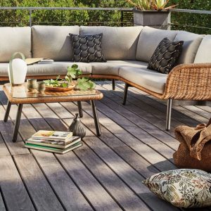 Salon de jardin d’angle Tornado | 2 méridiennes + 1 angle + 1 table basse | Graphite & Beige