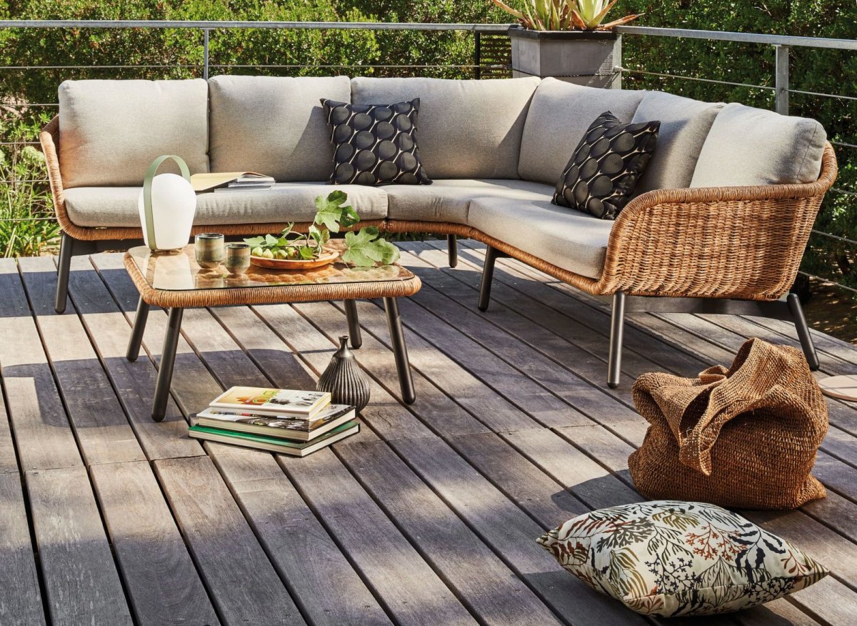 Salon de jardin d’angle Tornado | 2 méridiennes + 1 angle + 1 table basse | Graphite & Beige